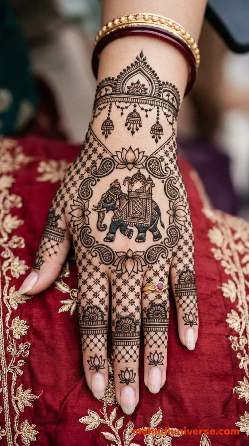 Bridal mehndi design with royal elephant pattern on hands 8 v1