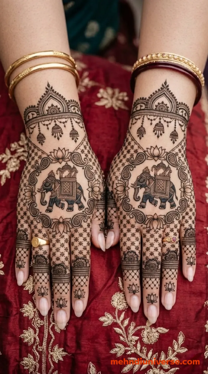 Bridal mehndi design with royal elephant pattern on hands 8