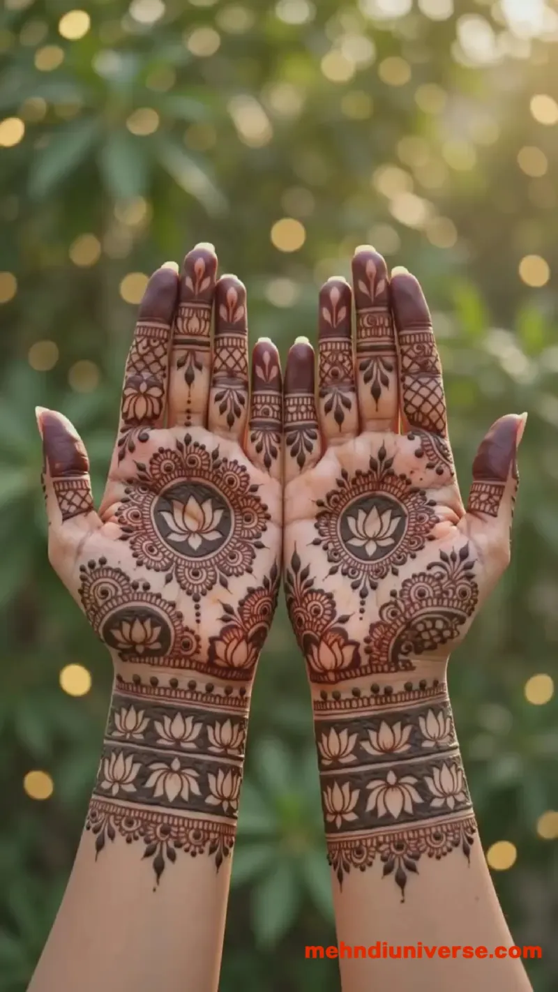 Bridal mehndi design with lotus mandala pattern on hands 06