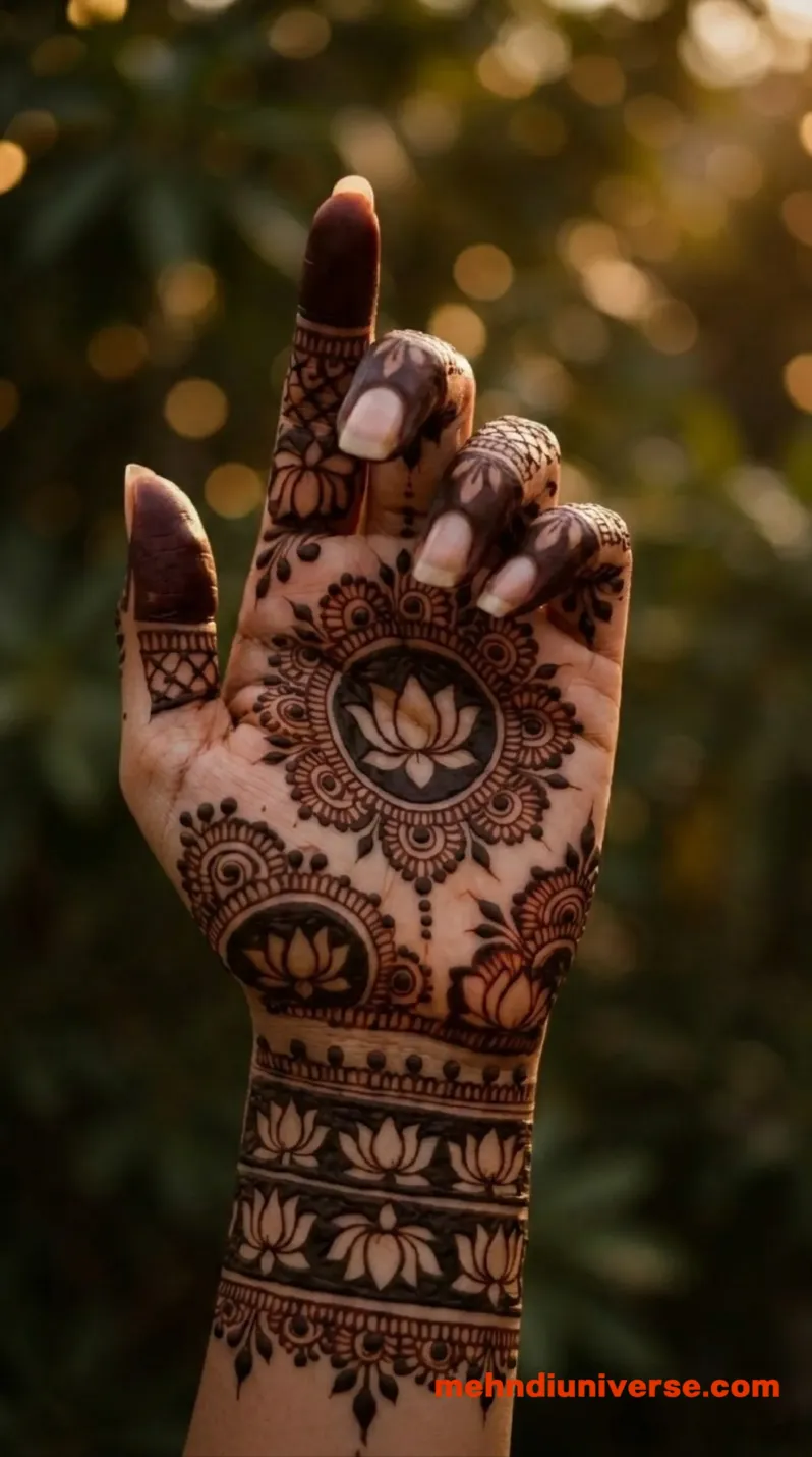 Bridal mehndi design with lotus mandala pattern on hands 06 v2