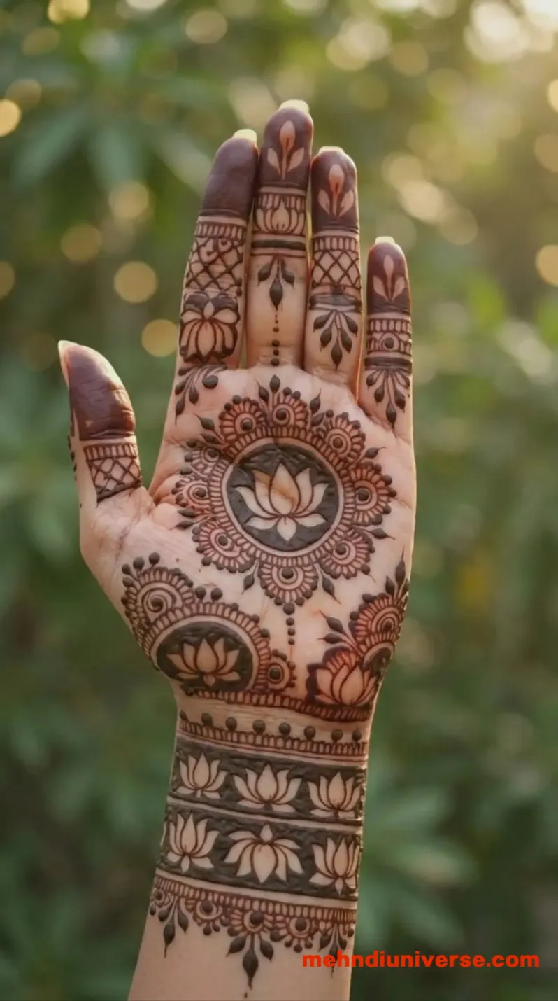 Bridal mehndi design with lotus mandala pattern on hands 06 v1