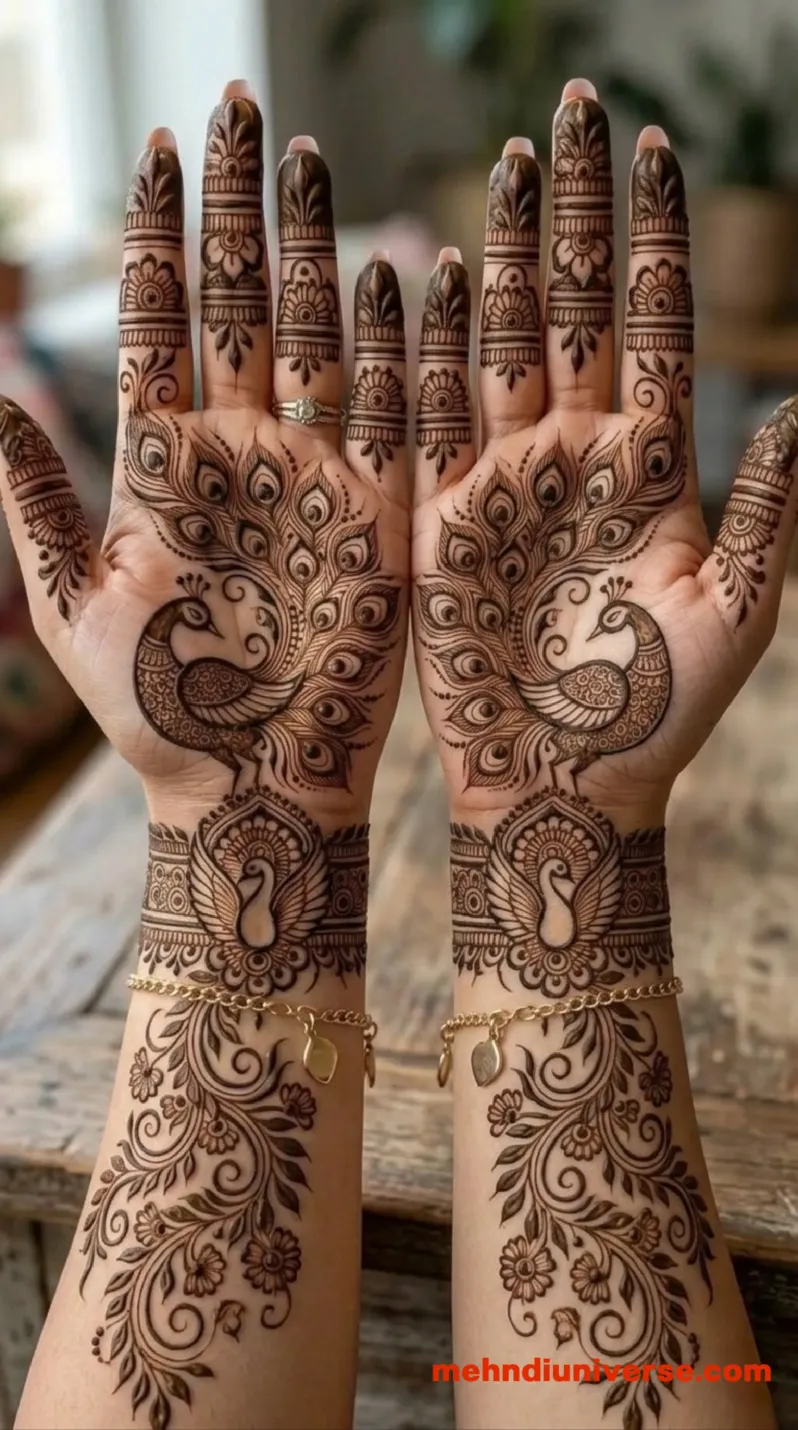 Bridal mehndi design with majestic peacock pattern on hands 7