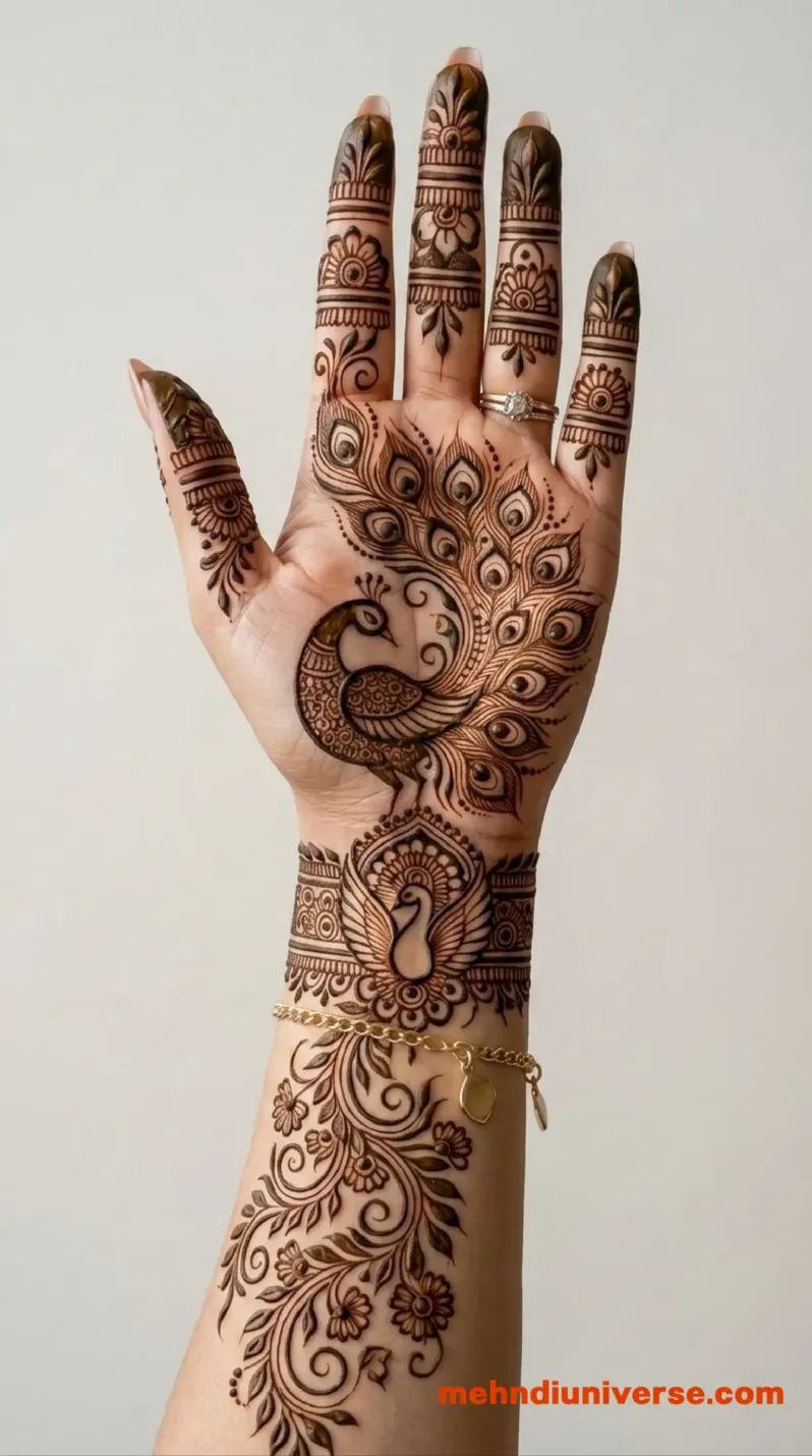 Bridal mehndi design with majestic peacock pattern on hands 7 v2