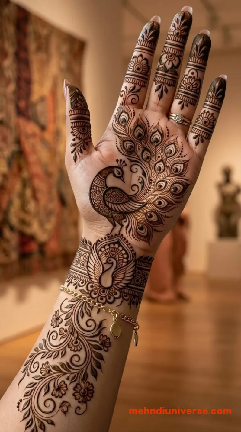 Bridal mehndi design with majestic peacock pattern on hands 7 v1