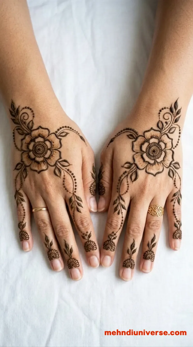 Elegant Arabic mehndi design with floral bloom pattern on hands 2