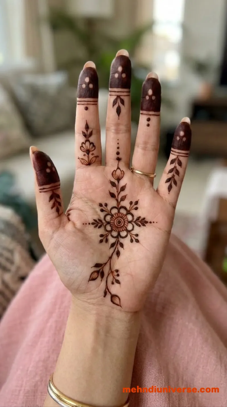 Simple Arabic mehndi design with floral star pattern on hands 4 v1