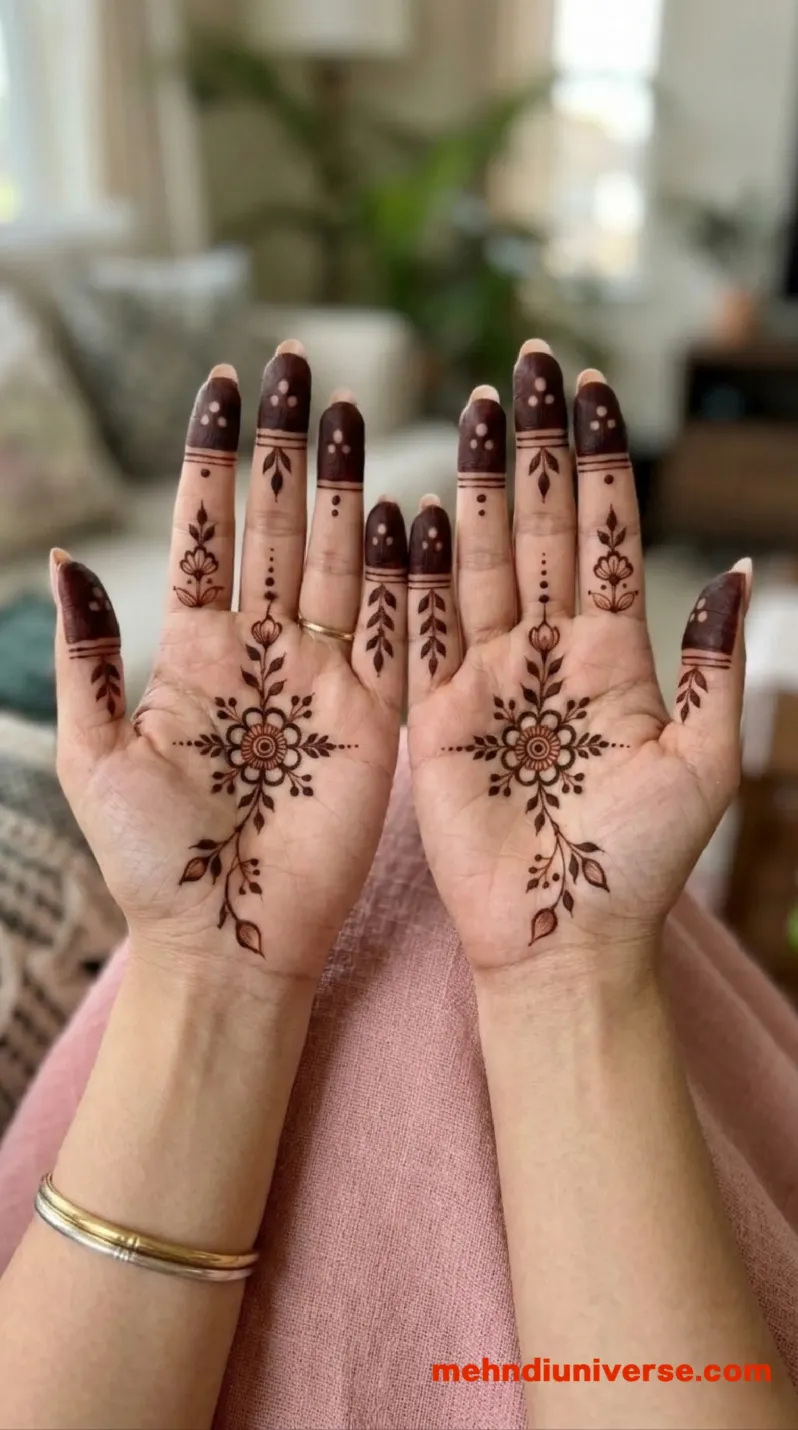 Simple Arabic mehndi design with floral star pattern on hands 4