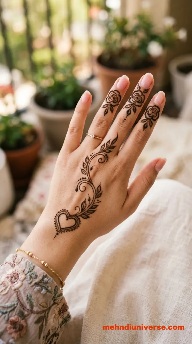 Simple Arabic mehndi design with heart vine and rose pattern on hands 7  v1