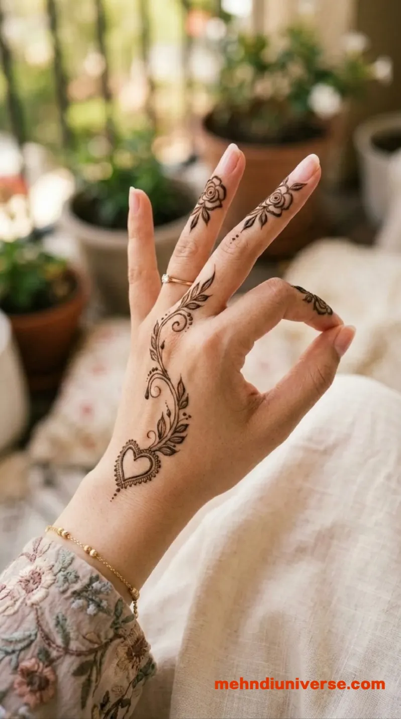 Simple Arabic mehndi design with heart vine and rose pattern on hands 7  v2