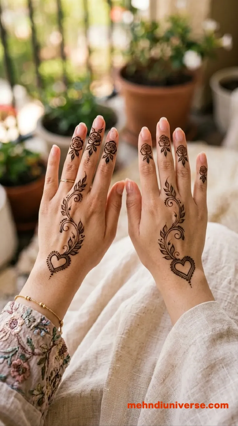 Simple Arabic mehndi design with heart vine and rose pattern on hands 7 