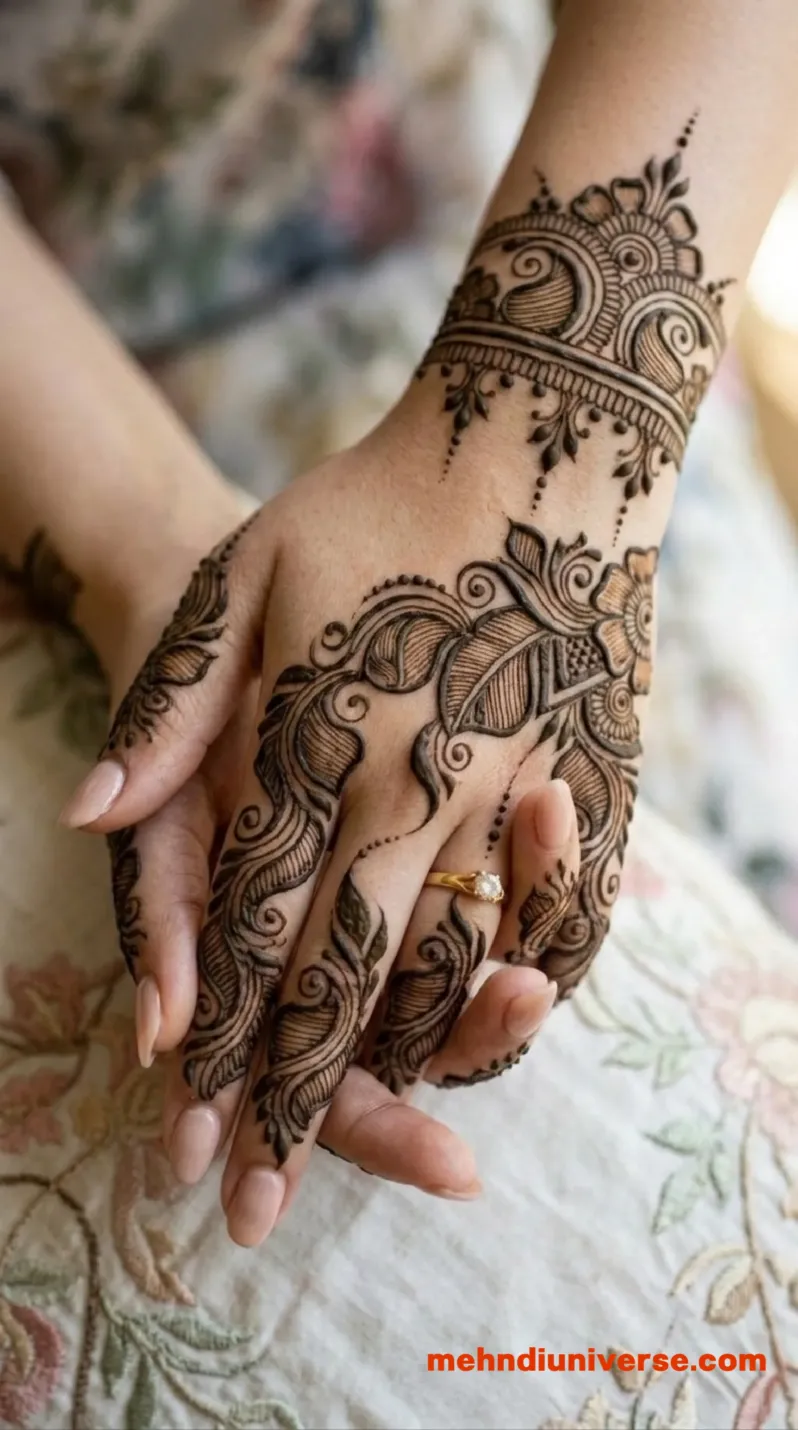 Simple Arabic mehndi design with paisley flow pattern on hands 3 v1