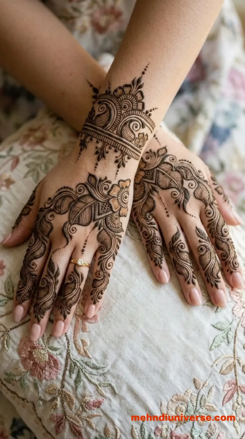 Simple Arabic mehndi design with paisley flow pattern on hands 3