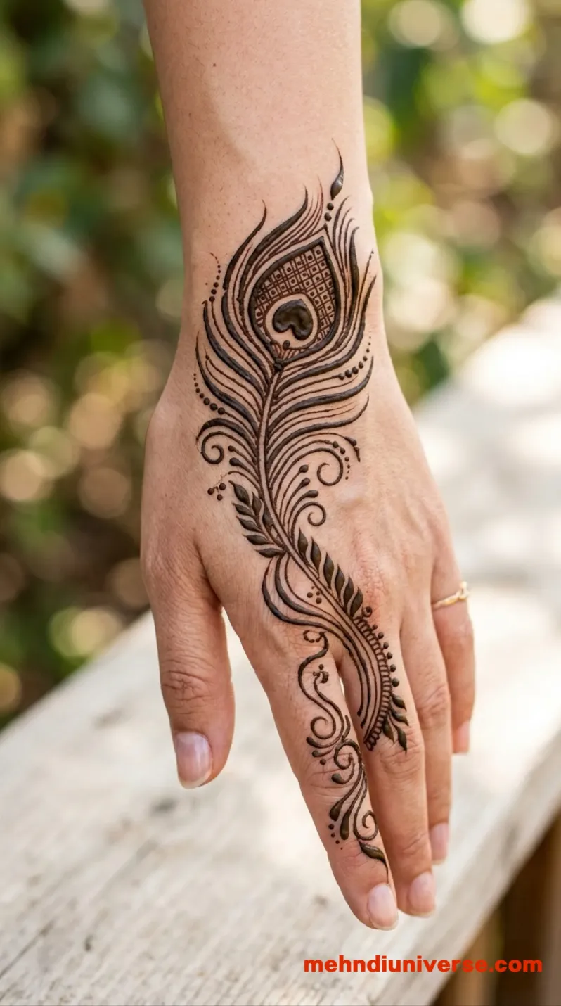 Simple graceful Arabic mehndi design with peacock feather pattern on hands 8 v2