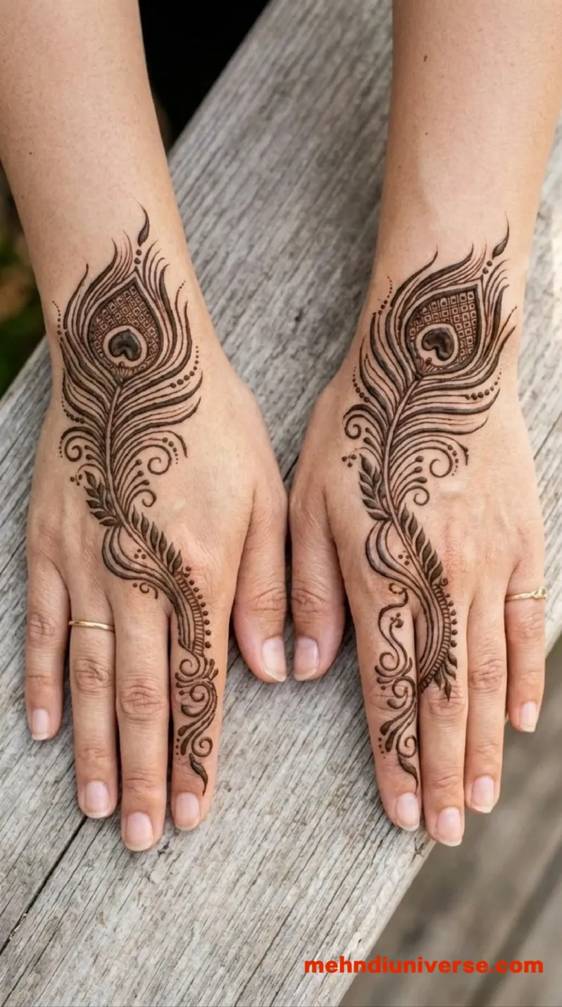 Simple graceful Arabic mehndi design with peacock feather pattern on hands 8 v1