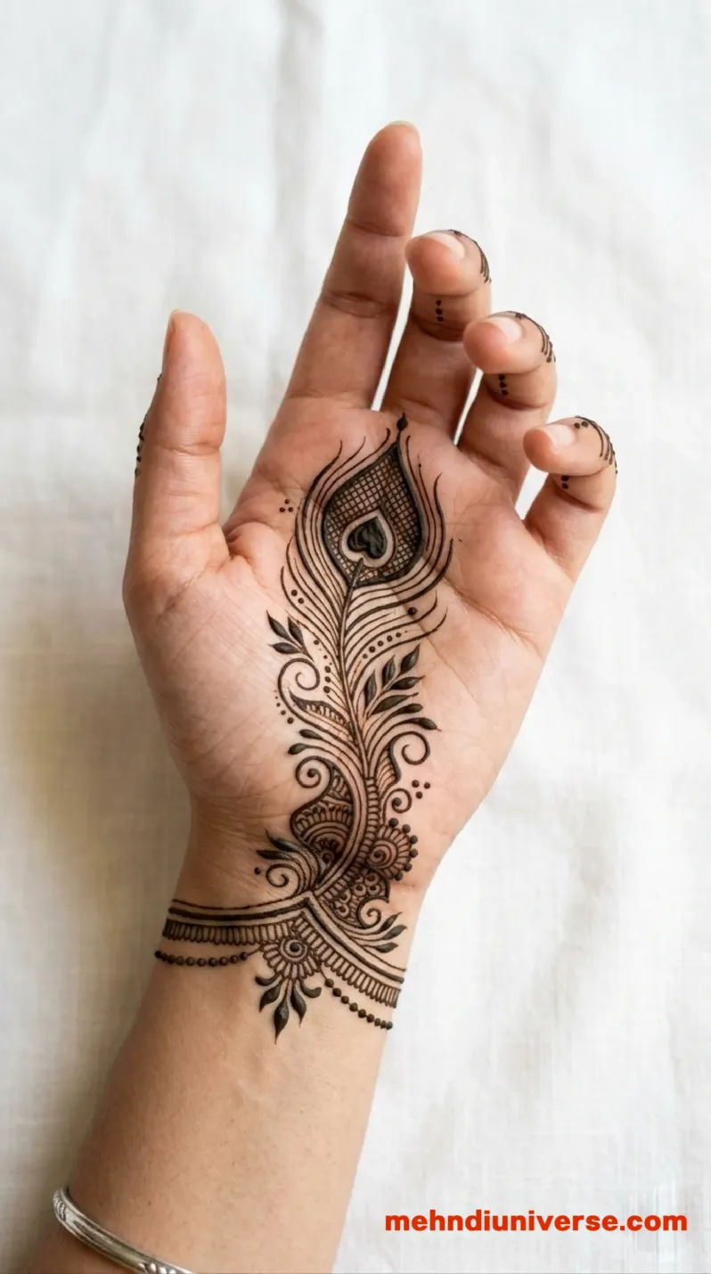 Elegant Arabic mehndi design with peacock feather pattern on hands 5 v2