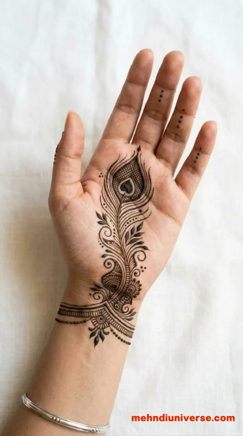 Elegant Arabic mehndi design with peacock feather pattern on hands 5 v1
