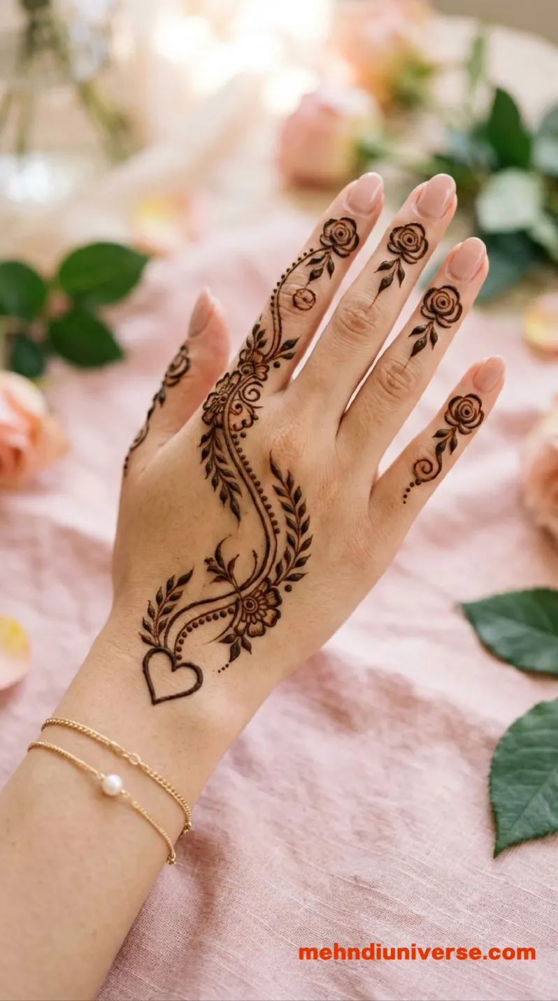 Simple romantic Arabic mehndi design with rose heart pattern on hands 6 v2
