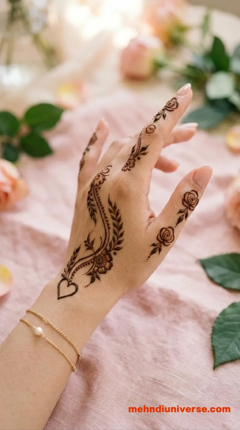 Simple romantic Arabic mehndi design with rose heart pattern on hands 6 v1