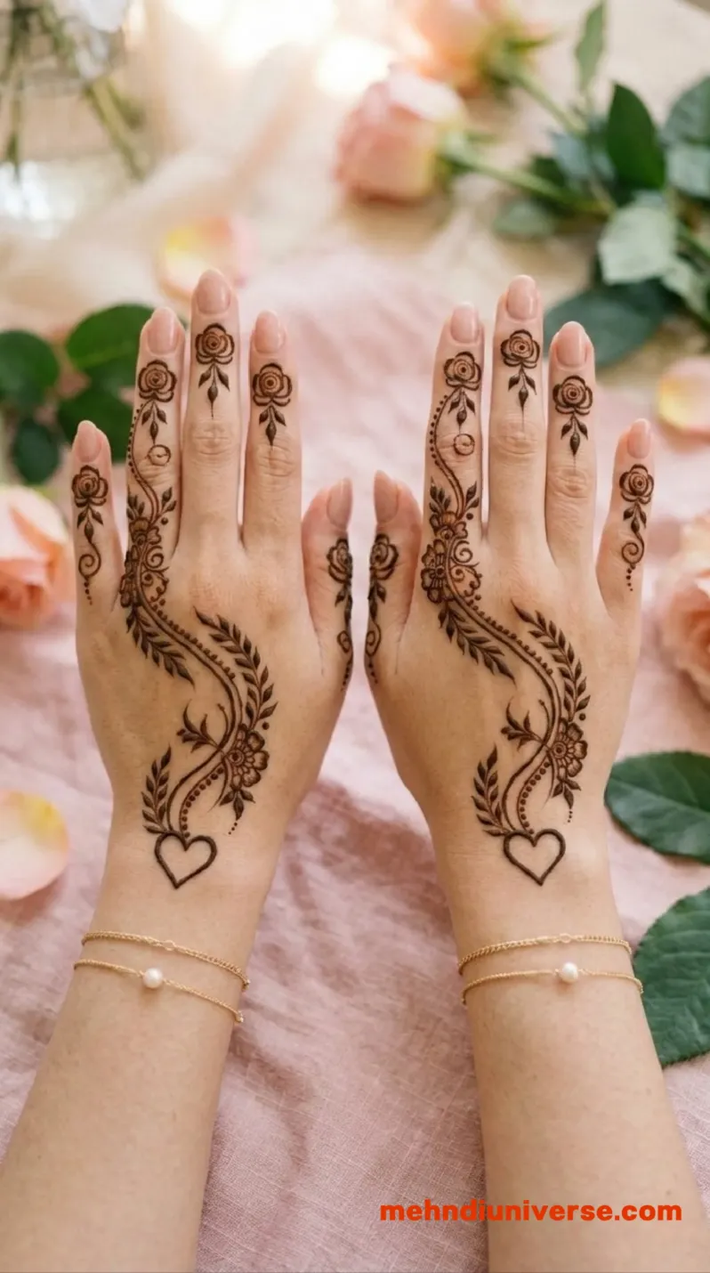 Simple romantic Arabic mehndi design with rose heart pattern on hands 6