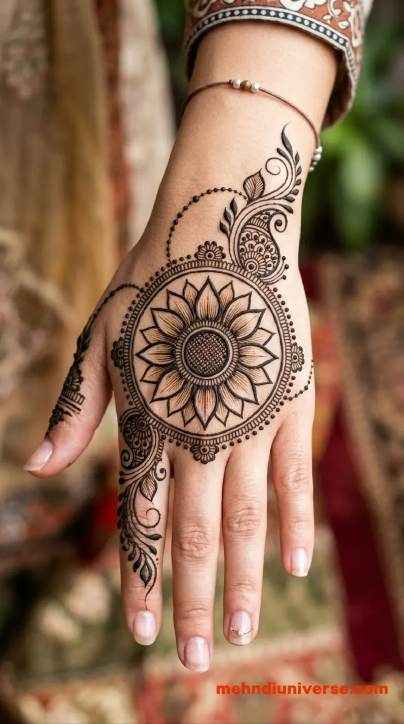 Arabic fusion mehndi design with sunflower mandala pattern on hands 1  v1