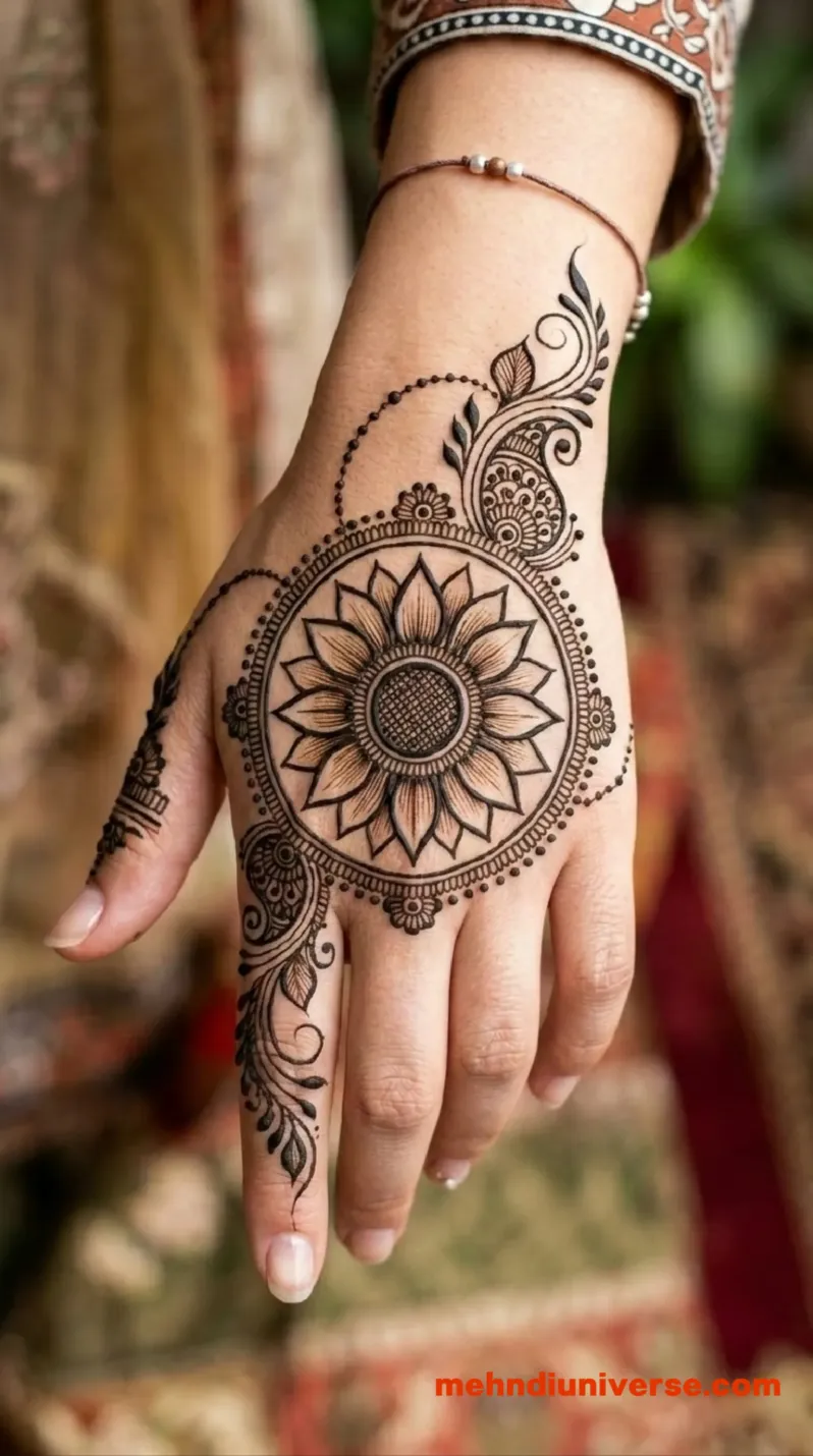 Arabic fusion mehndi design with sunflower mandala pattern on hands 1  v2