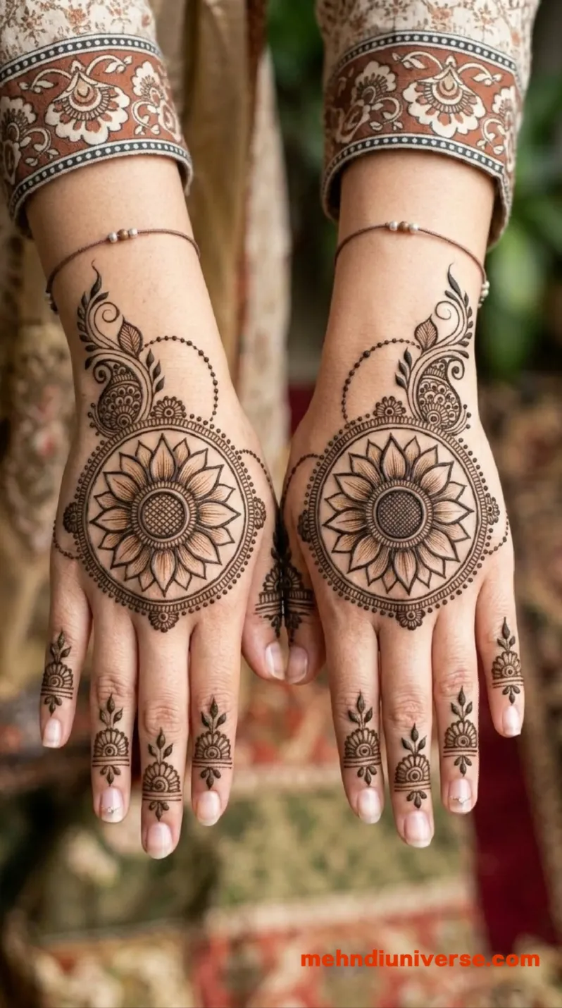 Arabic fusion mehndi design with sunflower mandala pattern on hands 1 