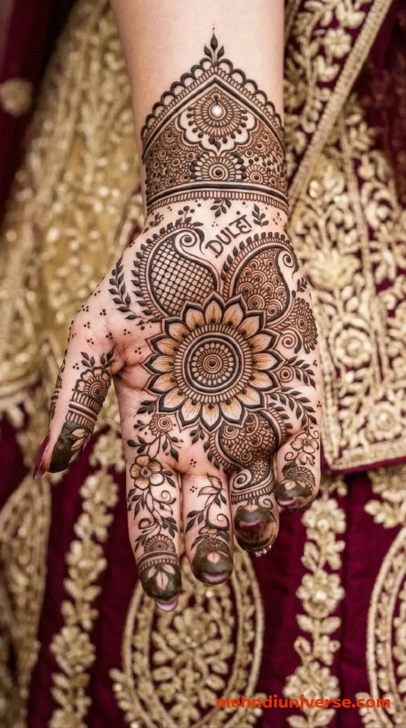 Bridal mehndi design with dulhan floral pattern on front hands v2