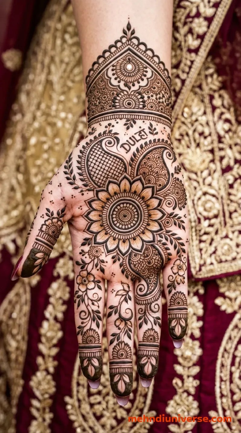 Bridal mehndi design with dulhan floral pattern on front hands v1
