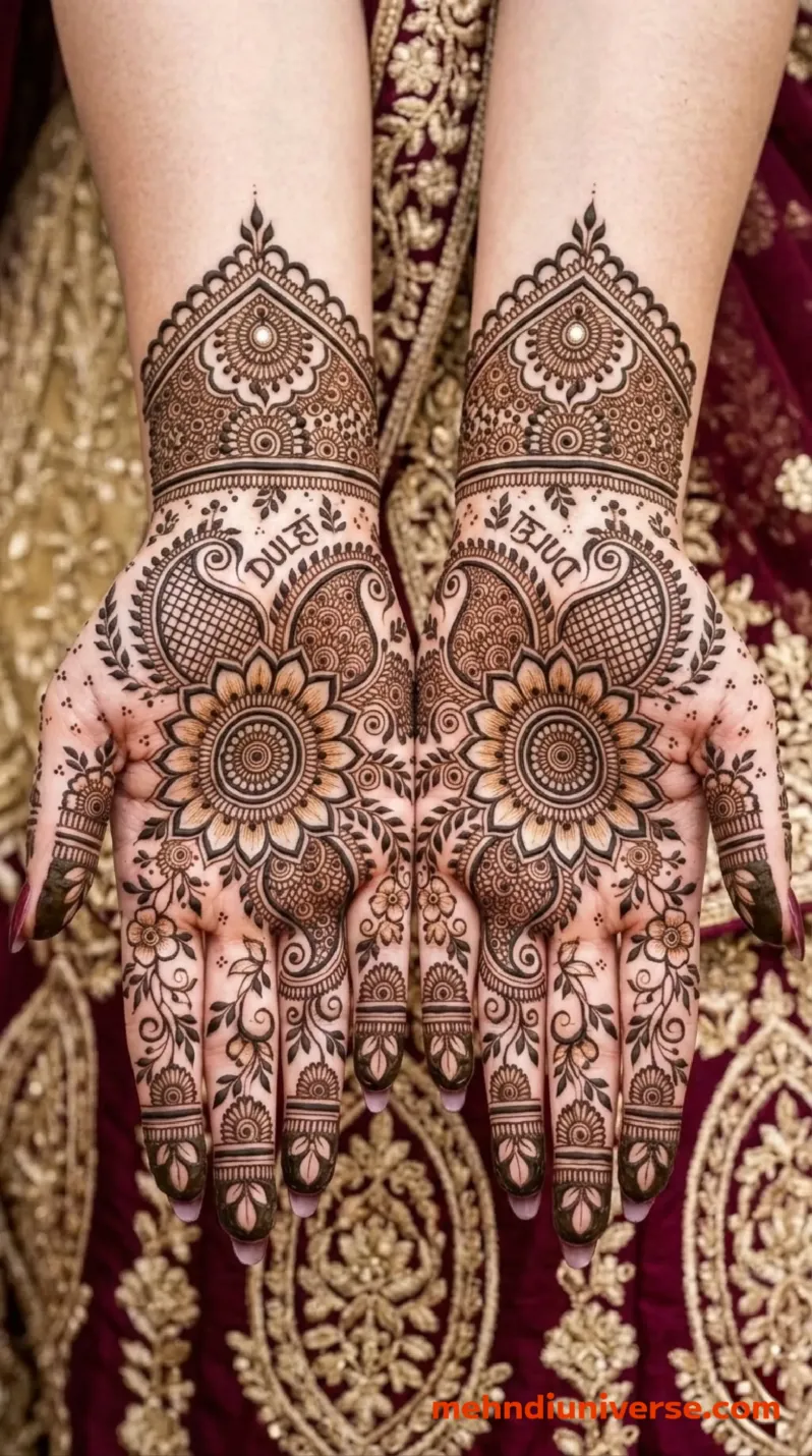 Bridal mehndi design with dulhan floral pattern on front hands