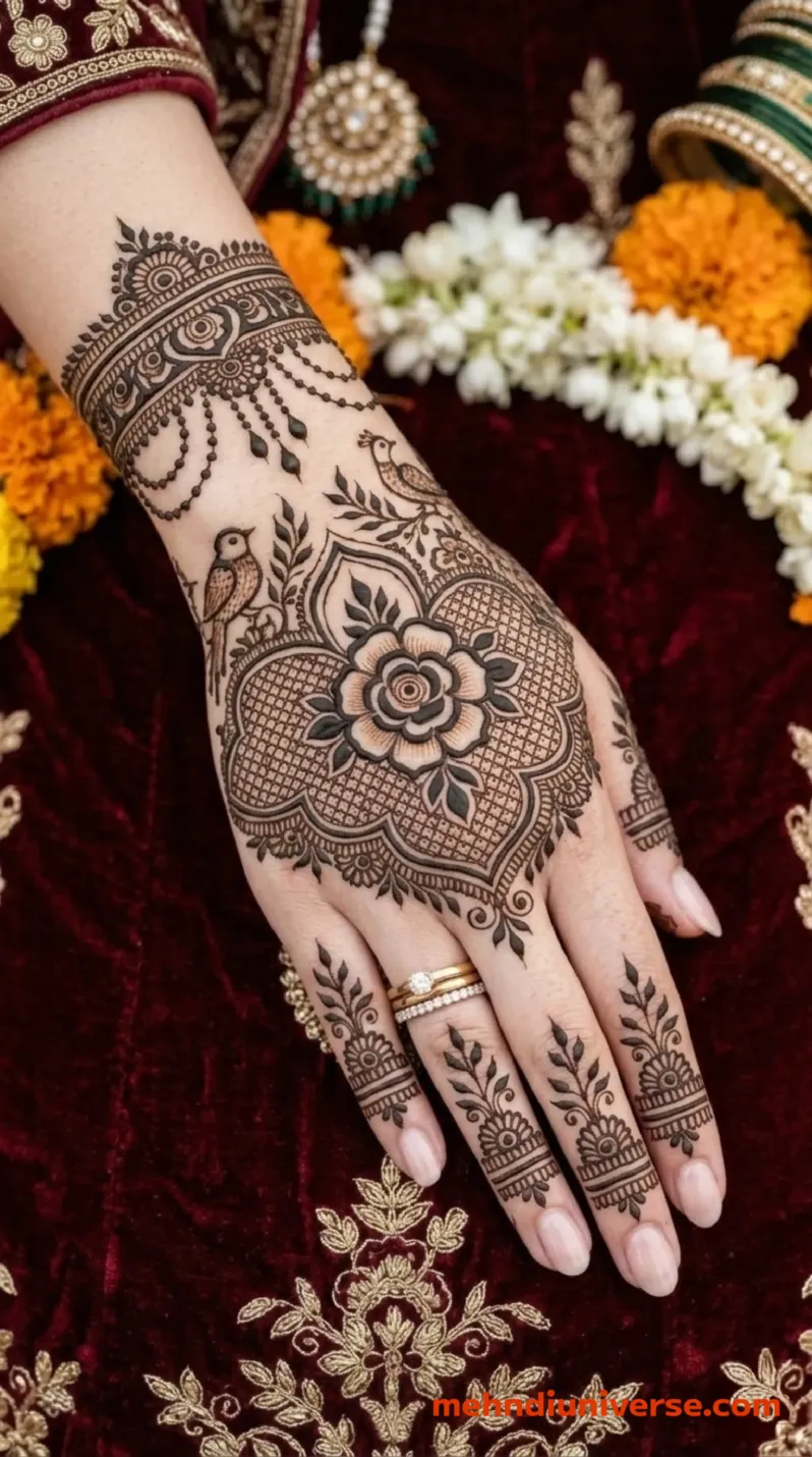 Bridal mehndi design with floral bird lattice pattern on back hands 11 v1