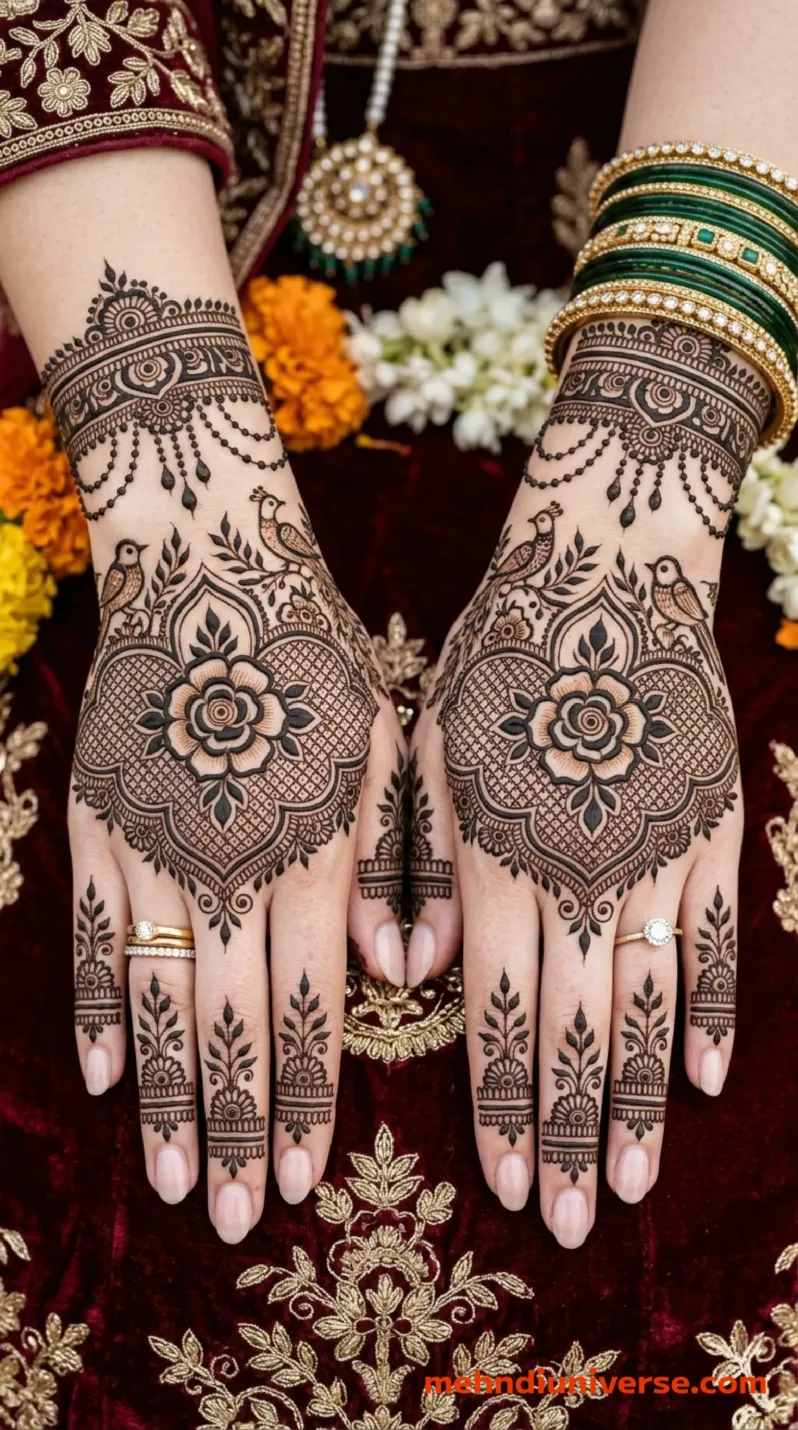 Bridal mehndi design with floral bird lattice pattern on back hands 11