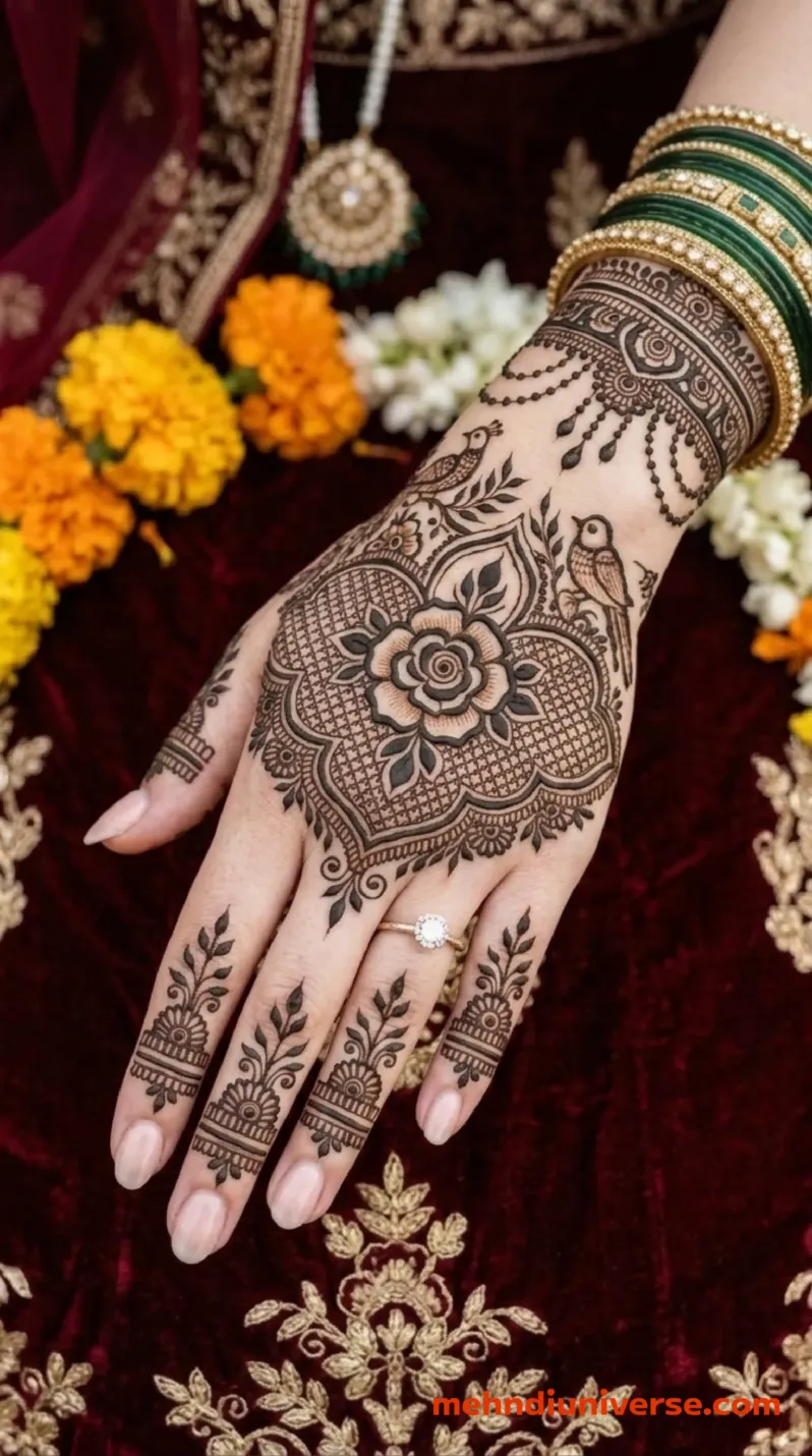 Bridal mehndi design with floral bird lattice pattern on back hands 11 v2