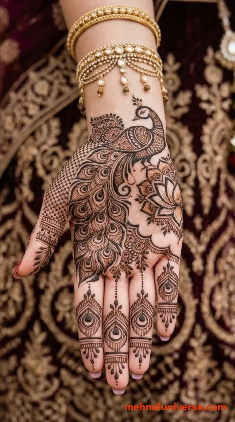 Bridal mehndi design with majestic peacock pattern on hands 10 v2