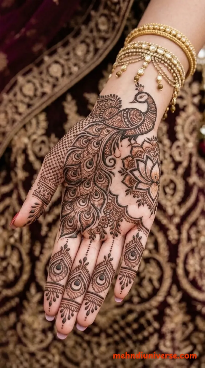 Bridal mehndi design with majestic peacock pattern on hands 10 v1