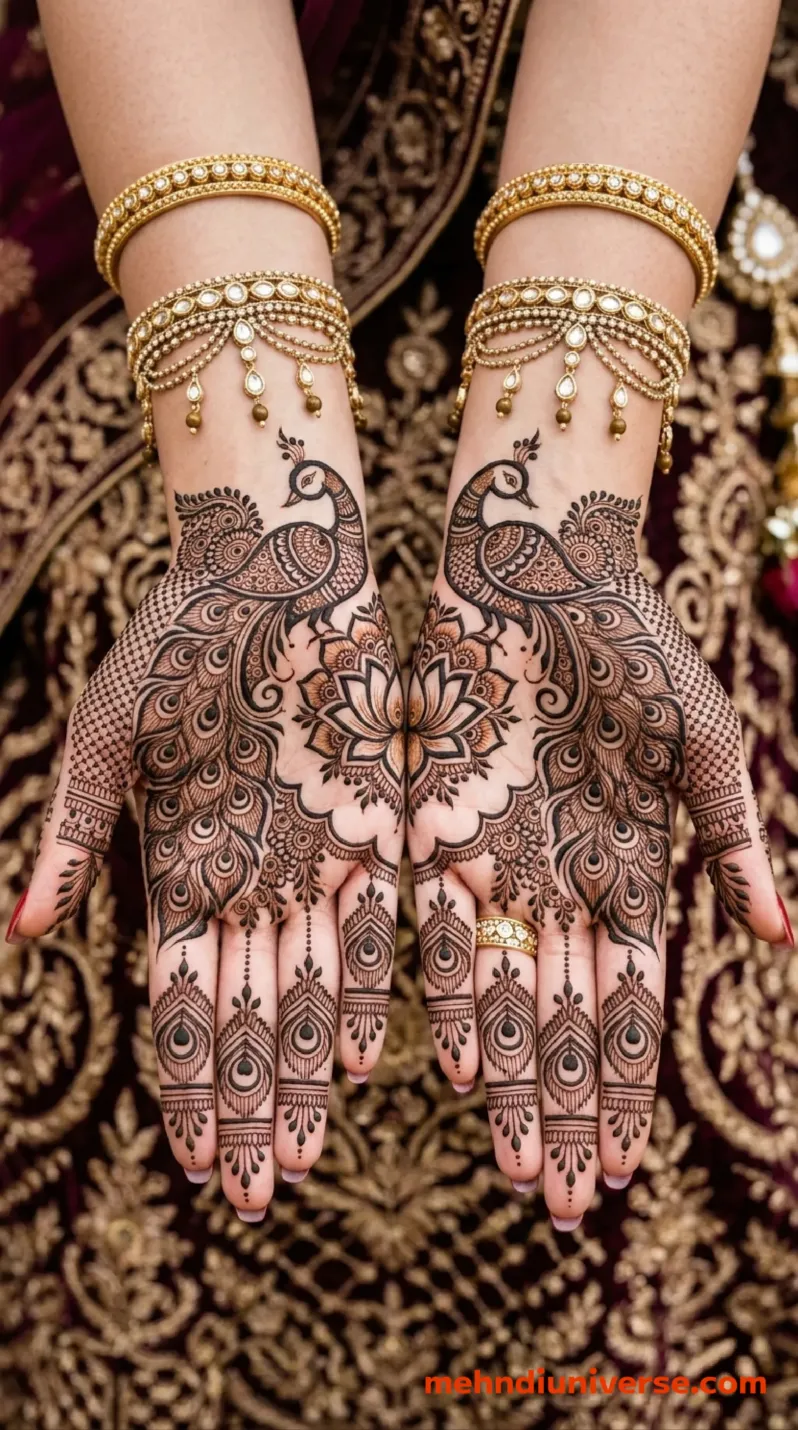 Bridal mehndi design with majestic peacock pattern on hands 10