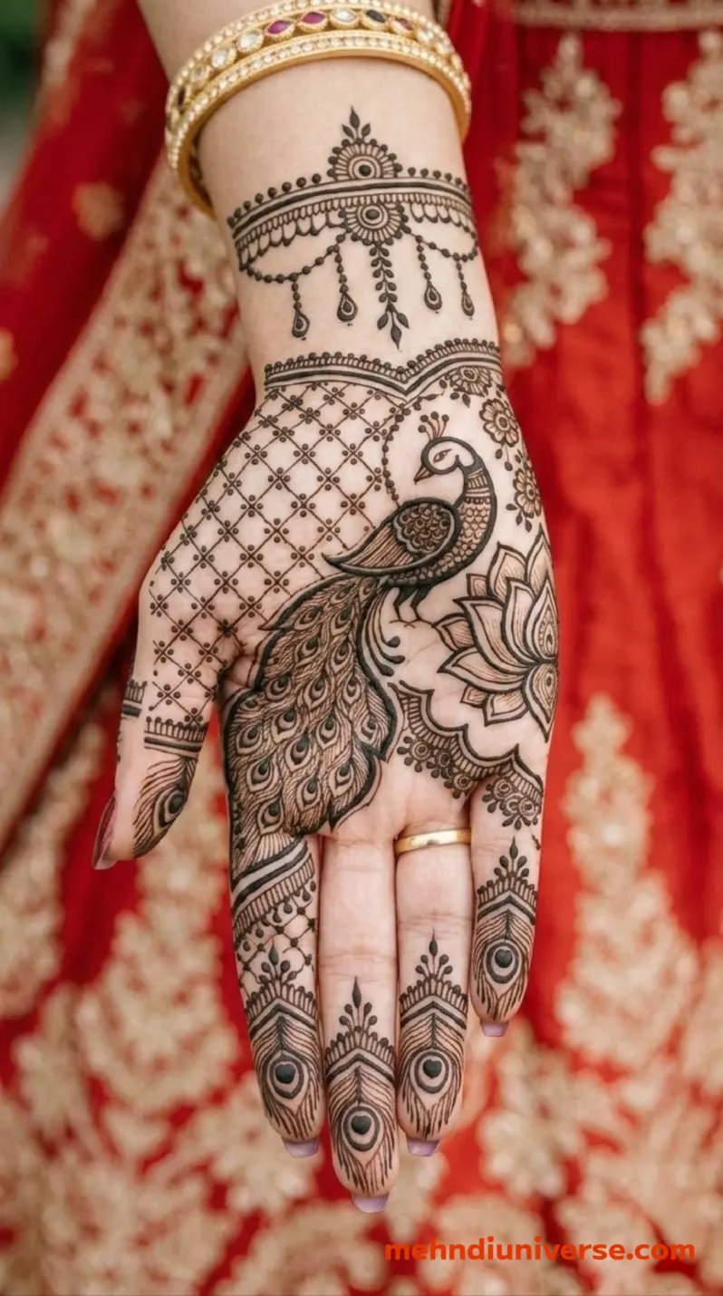 Bridal mehndi design with elegant peacock lattice pattern on hands 9 v2