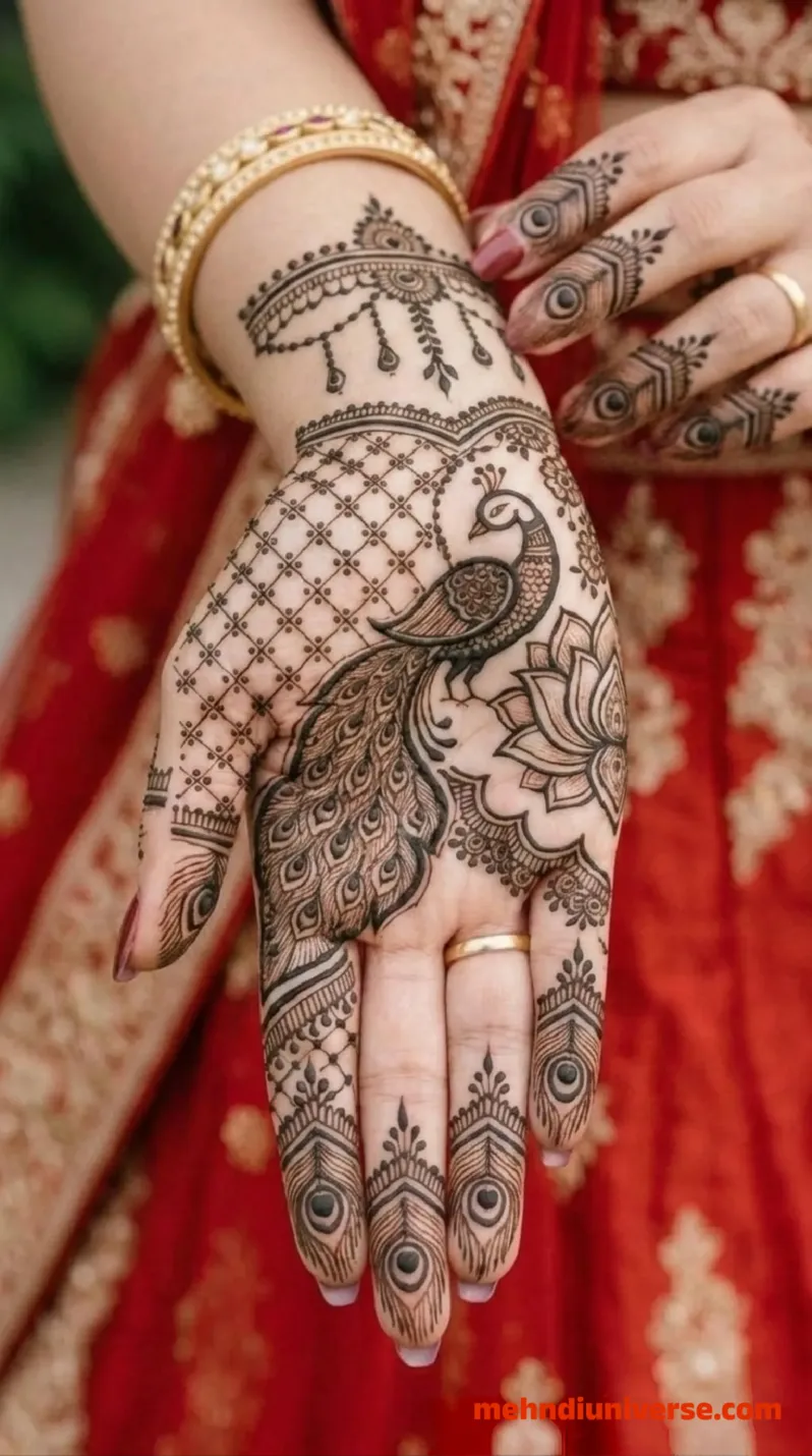 Bridal mehndi design with elegant peacock lattice pattern on hands 9 v1