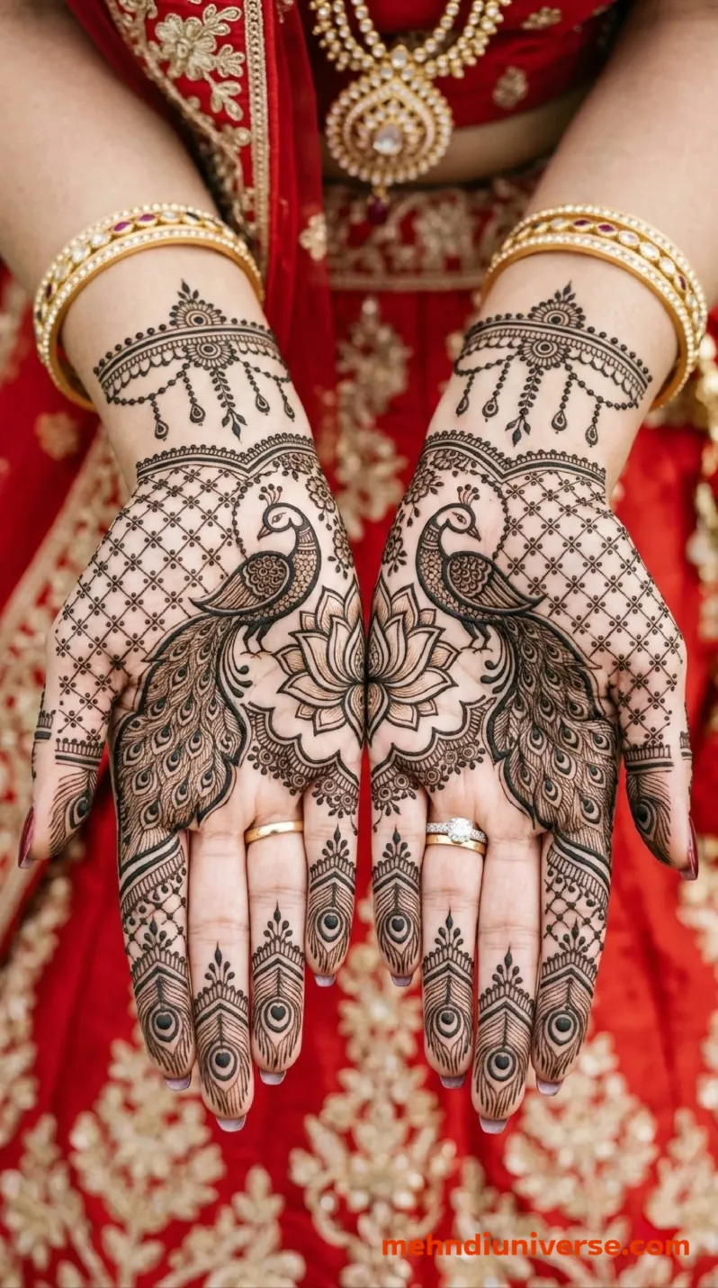 Bridal mehndi design with elegant peacock lattice pattern on hands 9