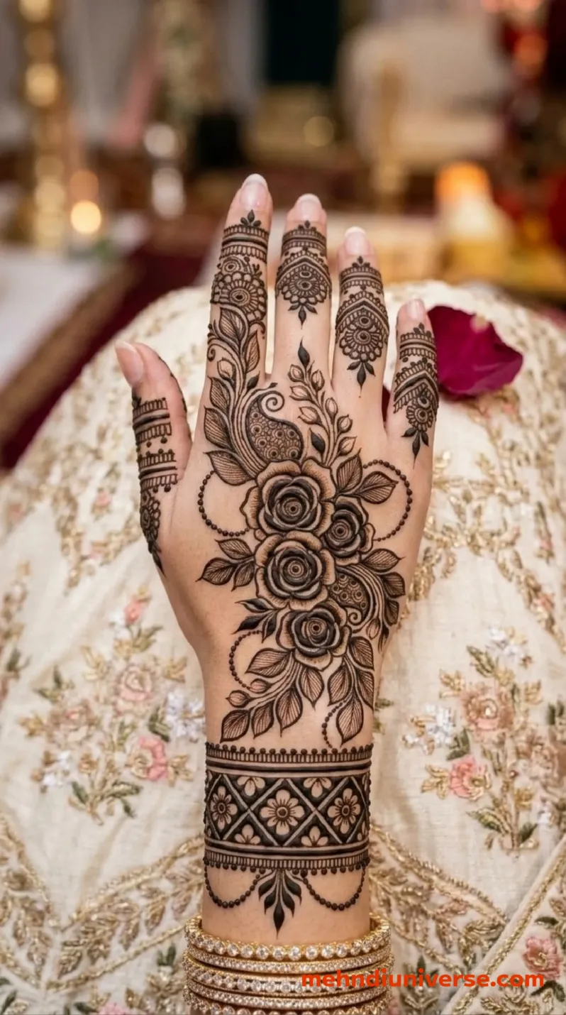 Bridal mehndi design with rose bouquet pattern on back hands 12 v2
