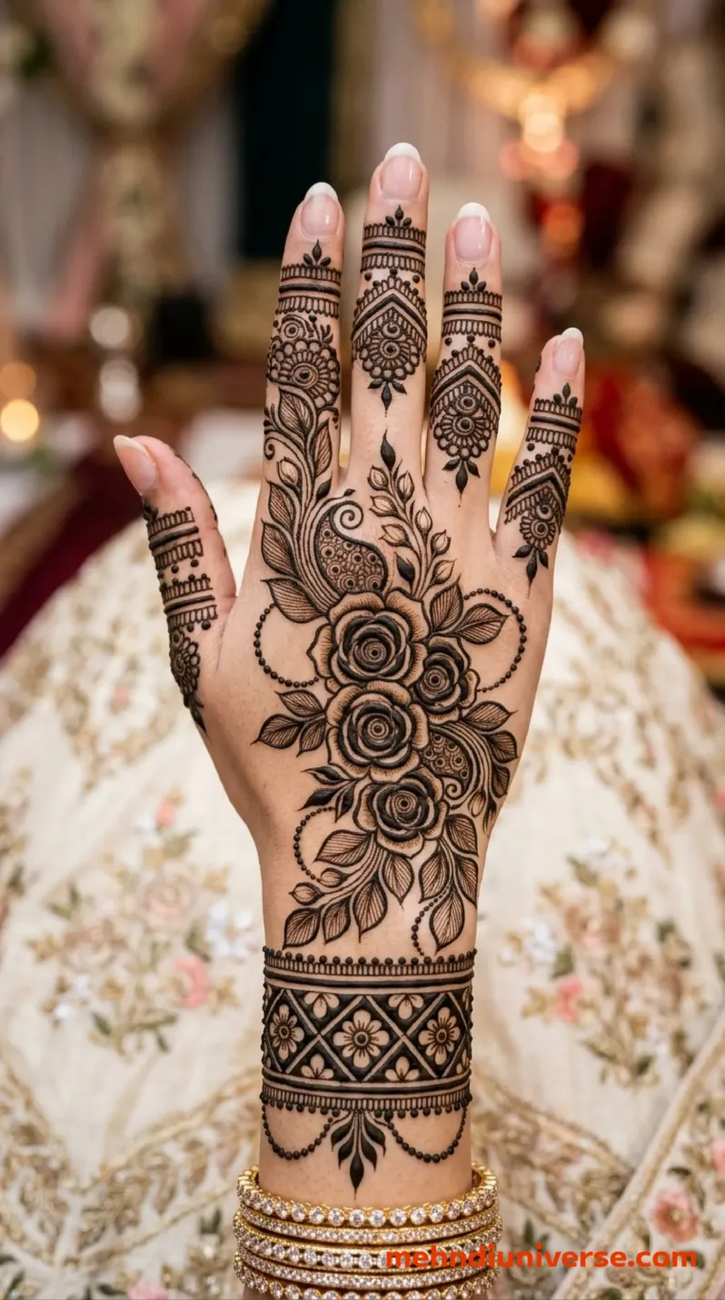 Bridal mehndi design with rose bouquet pattern on back hands 12 v1