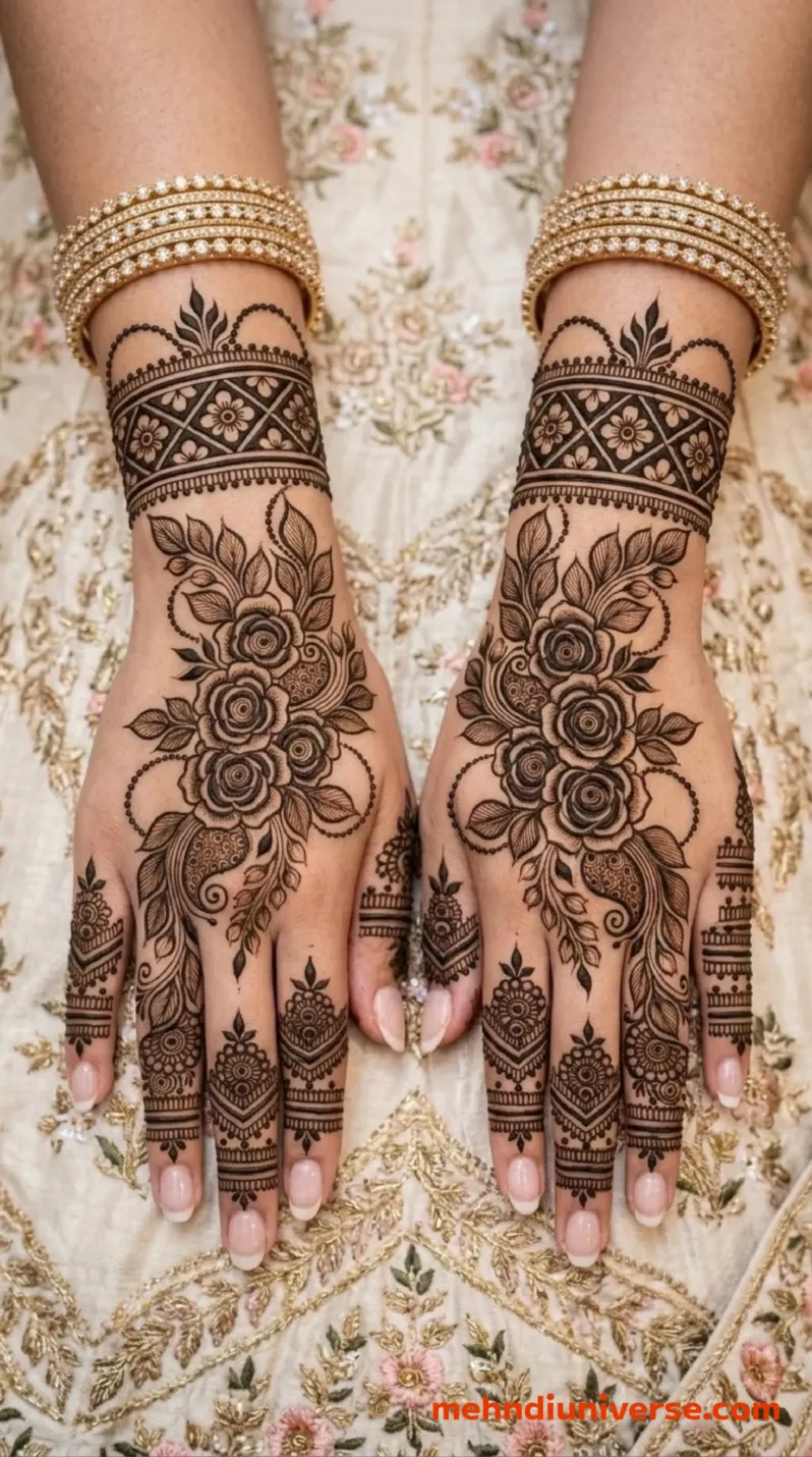 Bridal mehndi design with rose bouquet pattern on back hands 12