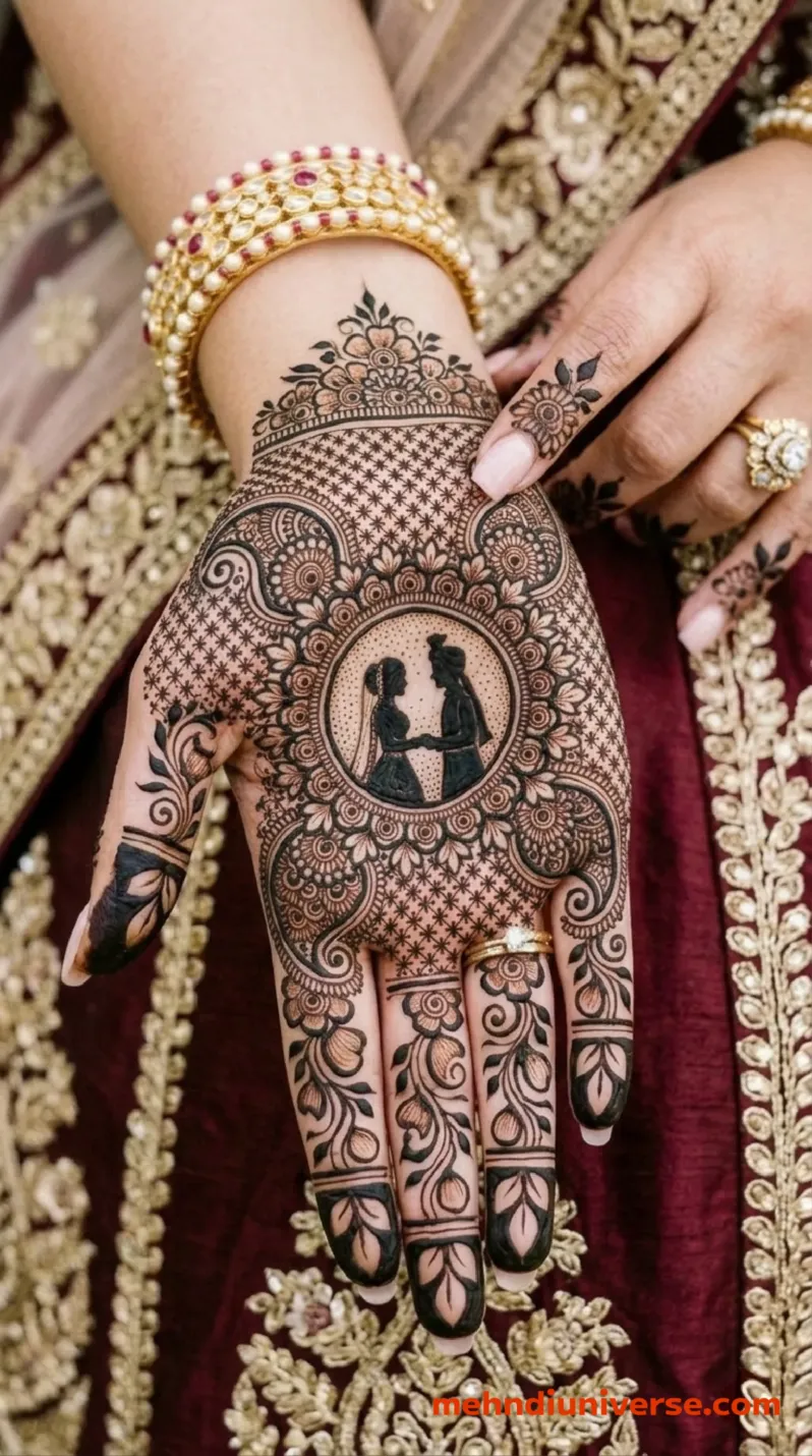 Intricate bridal mehndi design on the back of a hand featuring a central circular motif of an Indian bride and groom, surrounded by paisley patterns, floral vines, and a grid texture, worn with gold bangles and a maroon embroidered sleeve v1