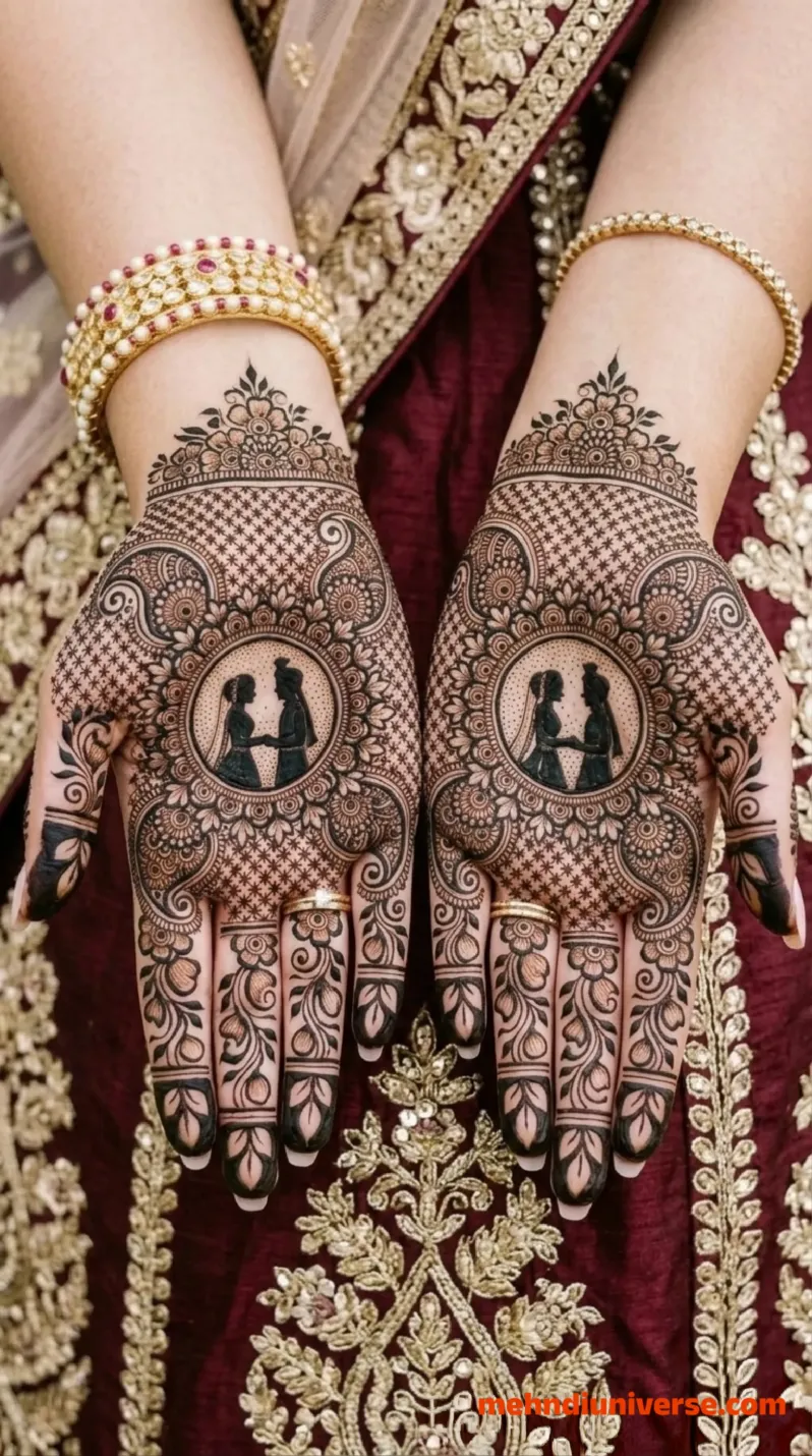 Intricate bridal mehndi design on the back of a hand featuring a central circular motif of an Indian bride and groom, surrounded by paisley patterns, floral vines, and a grid texture, worn with gold bangles and a maroon embroidered sleeve