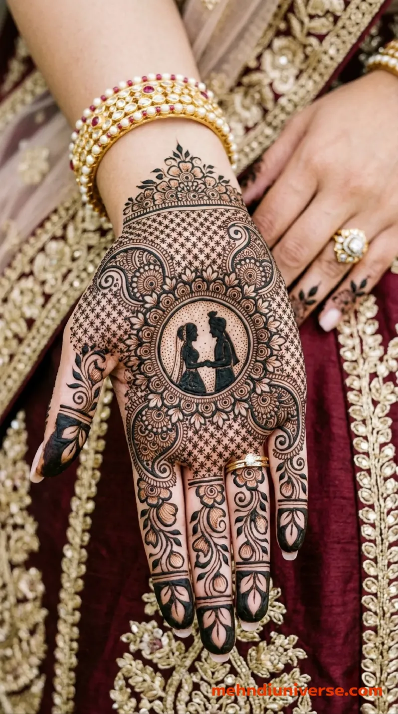 Intricate bridal mehndi design on the back of a hand featuring a central circular motif of an Indian bride and groom, surrounded by paisley patterns, floral vines, and a grid texture, worn with gold bangles and a maroon embroidered sleeve v2