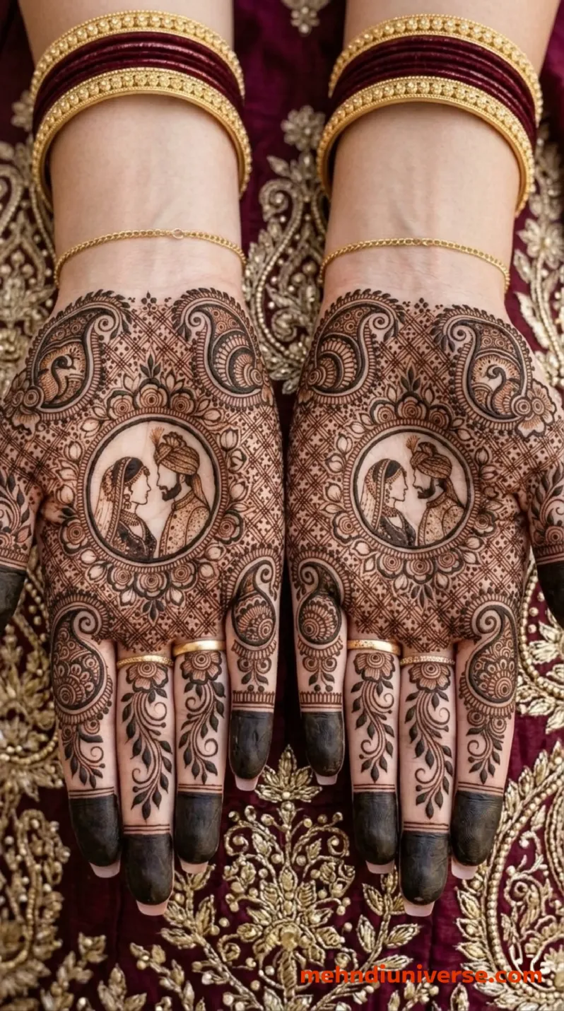 Intricate bridal mehndi design on the back of a hand featuring a central circular motif of an Indian bride and groom, surrounded by detailed paisley patterns, floral vines, and a geometric grid texture, worn with gold bangles, a gold chain, and gold rings resting on a maroon fabric with heavy gold embroidery v1