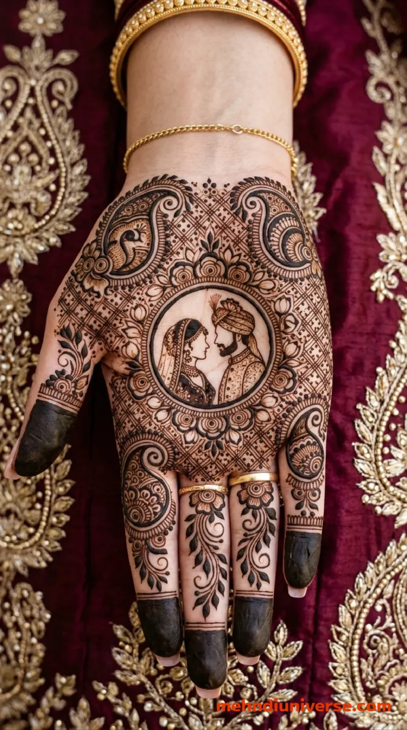 Intricate bridal mehndi design on the back of a hand featuring a central circular motif of an Indian bride and groom, surrounded by detailed paisley patterns, floral vines, and a geometric grid texture, worn with gold bangles, a gold chain, and gold rings resting on a maroon fabric with heavy gold embroidery
