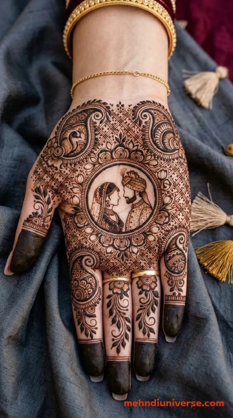Intricate bridal mehndi design on the back of a hand featuring a central circular motif of an Indian bride and groom, surrounded by detailed paisley patterns, floral vines, and a geometric grid texture, worn with gold bangles, a gold chain, and gold rings resting on a maroon fabric with heavy gold embroidery v2