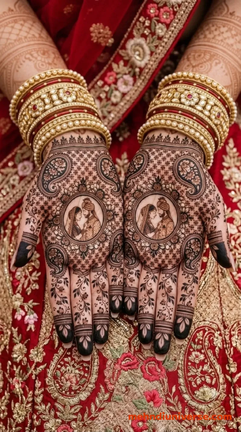 Intricate symmetrical bridal mehndi design on the back of both hands featuring matching circular bride and groom portrait motifs, surrounded by dense floral and paisley patterns with delicate vines trailing down the fingers, worn with heavy red and gold bridal bangles and gold rings, set against a red lehenga with rich gold floral embroidery