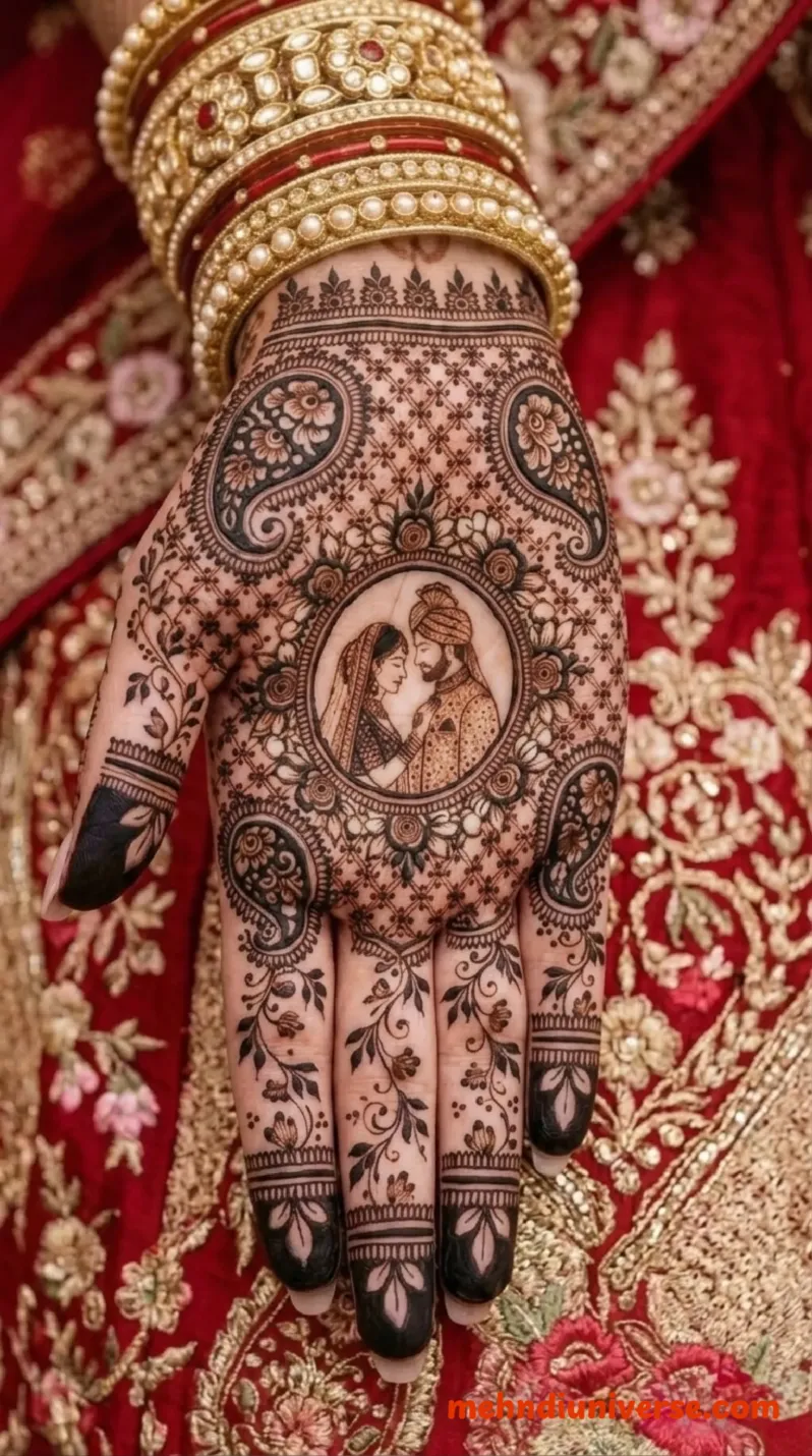 Intricate symmetrical bridal mehndi design on the back of both hands featuring matching circular bride and groom portrait motifs, surrounded by dense floral and paisley patterns with delicate vines trailing down the fingers, worn with heavy red and gold bridal bangles and gold rings, set against a red lehenga with rich gold floral embroidery v2