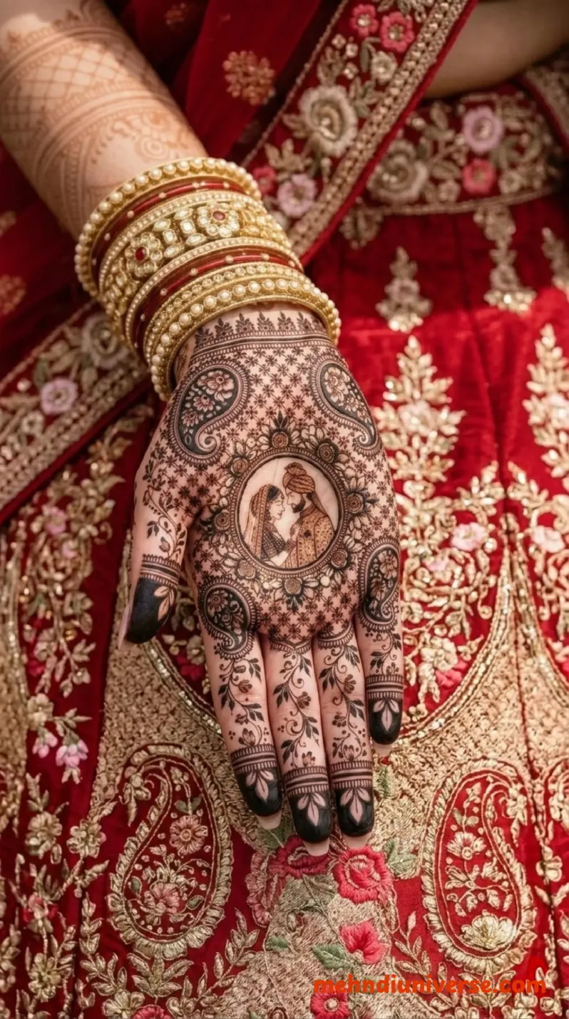 Intricate symmetrical bridal mehndi design on the back of both hands featuring matching circular bride and groom portrait motifs, surrounded by dense floral and paisley patterns with delicate vines trailing down the fingers, worn with heavy red and gold bridal bangles and gold rings, set against a red lehenga with rich gold floral embroidery v1